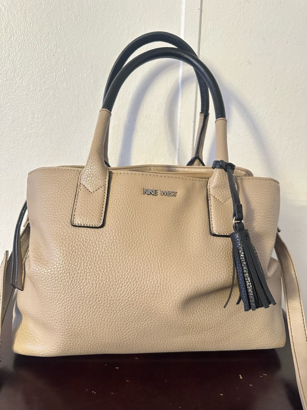 Nine West Beige Satchel with Black Handles and Tassel